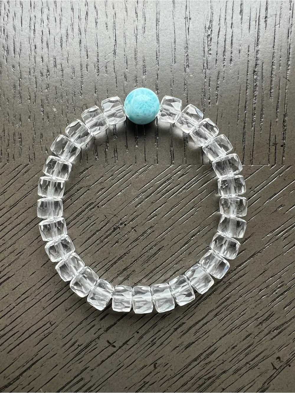 HQ Faceted Clear Quartz with Larimar bracelet 8-11mm SIZE 6.75’